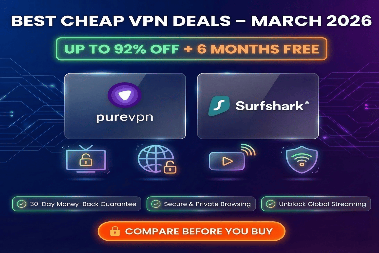 Comparison banner of best cheap VPN deals March 2026 featuring Surfshark 90% off and PureVPN 92% off discounts.