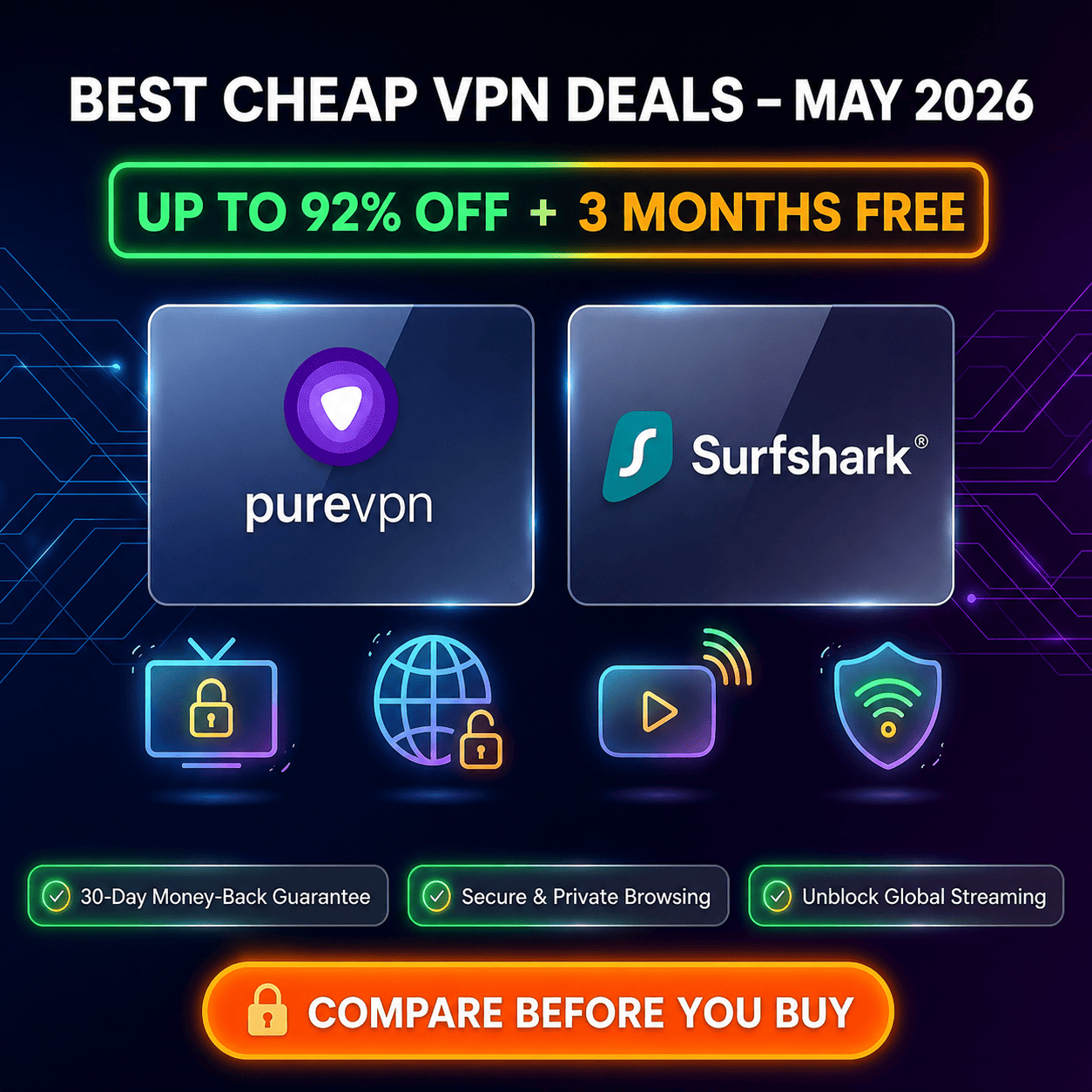 Comparison banner of best cheap VPN deals May 2026 featuring Surfshark 90% off and PureVPN 92% off discounts.