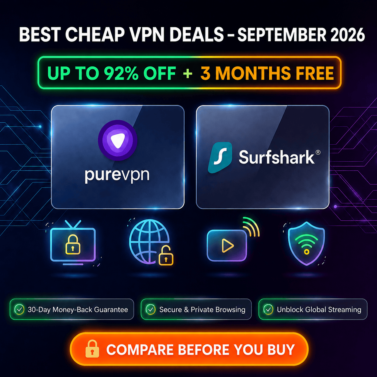 Comparison best cheap VPN deals this month featuring Surfshark 90% off and PureVPN 92% off discounts.