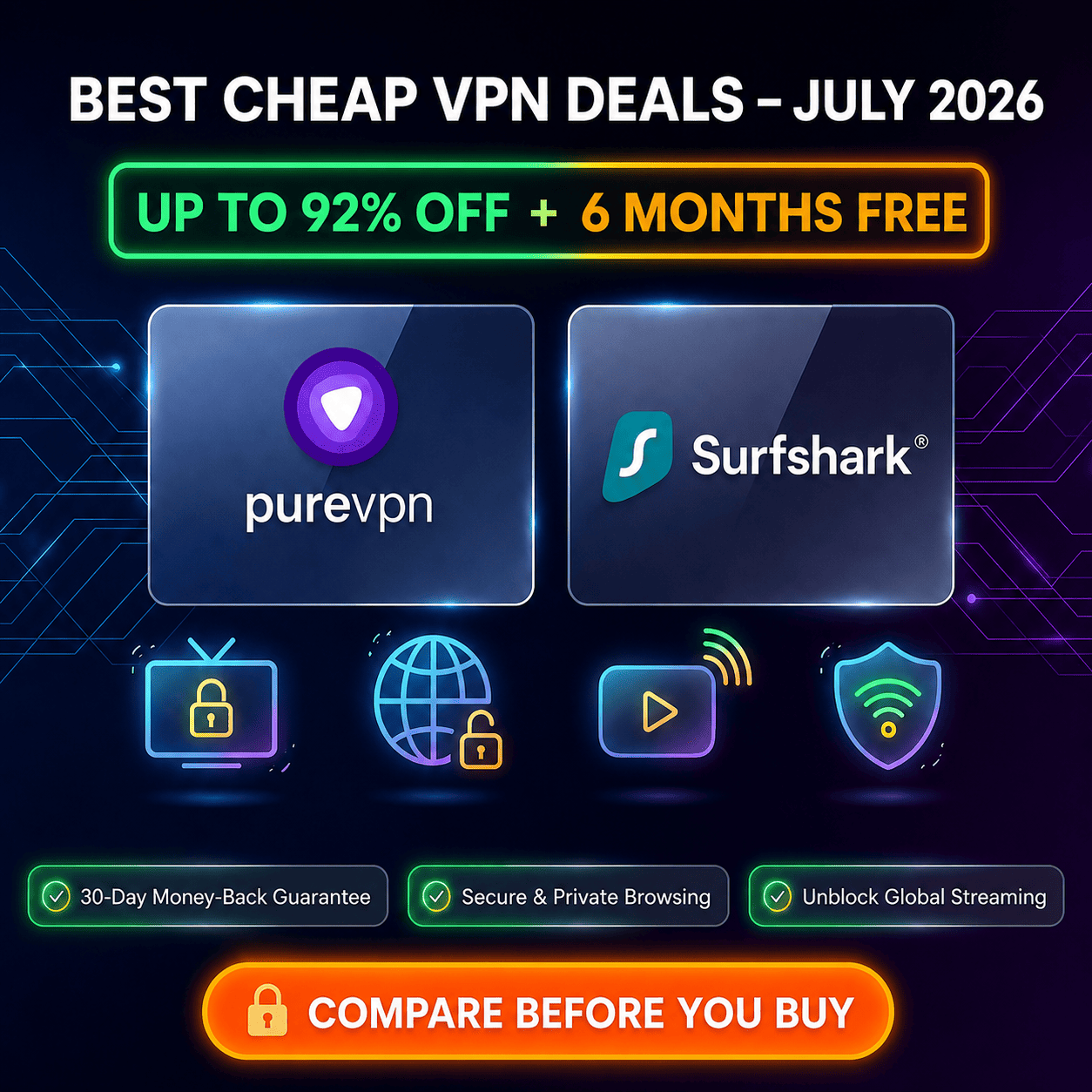 Comparison best cheap VPN deals for july 2026 featuring Surfshark 90% off and PureVPN 92% off discounts.