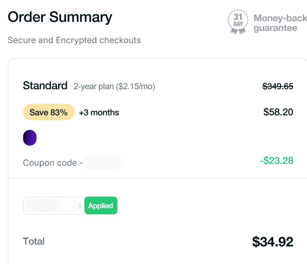 PureVPN checkout with the coupon code applied: Standard 2-year plan $58.20 minus $23.28 coupon, total $34.92