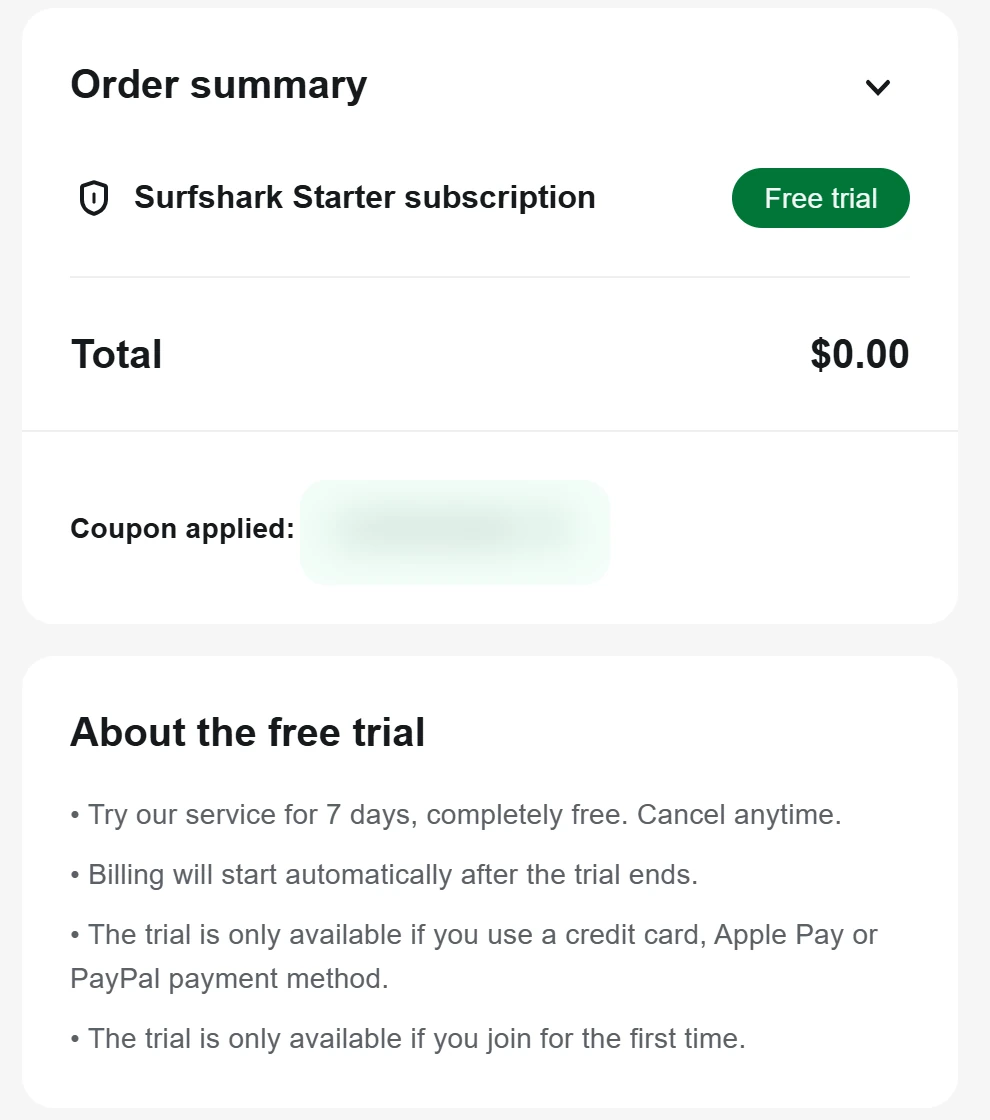 Surfshark checkout order summary: Surfshark Starter subscription, free trial, total $0.00, with the free trial terms